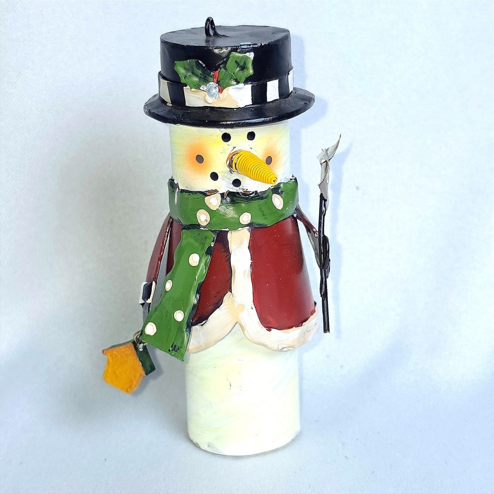 Rustic Metal Snowman Christmas Ornament Red Coat Let It Snow Sign 3 Inch